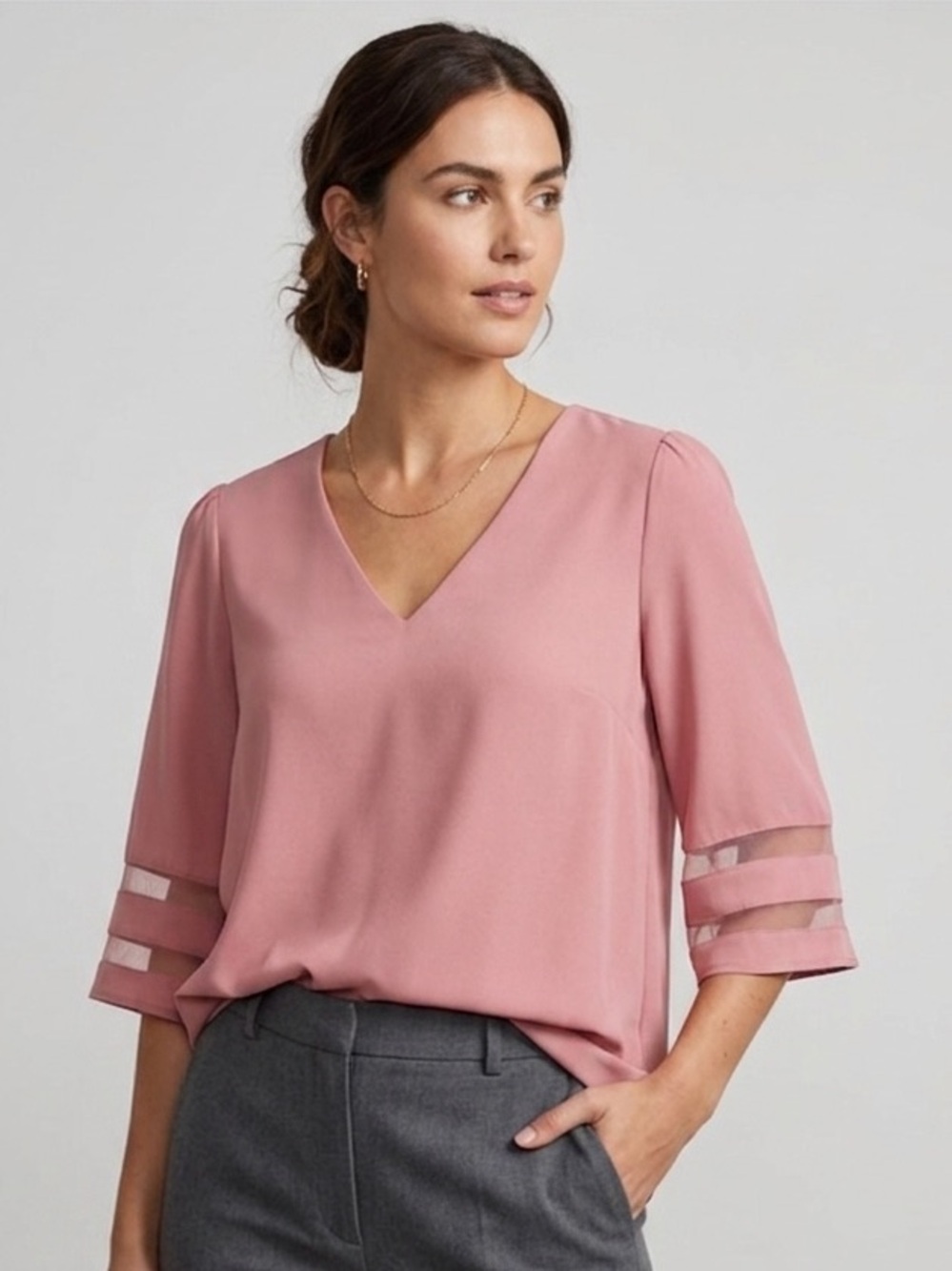 Chic V-Neck Blouse in Soft Salmon Pink